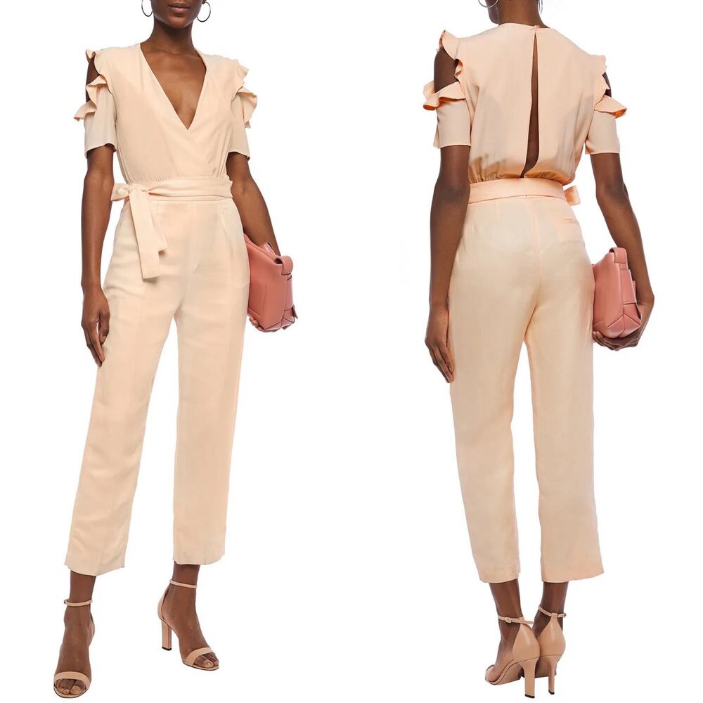 Maje Piruize Ruffled Shoulder Linen Jumpsuit In Mandarine Size 6